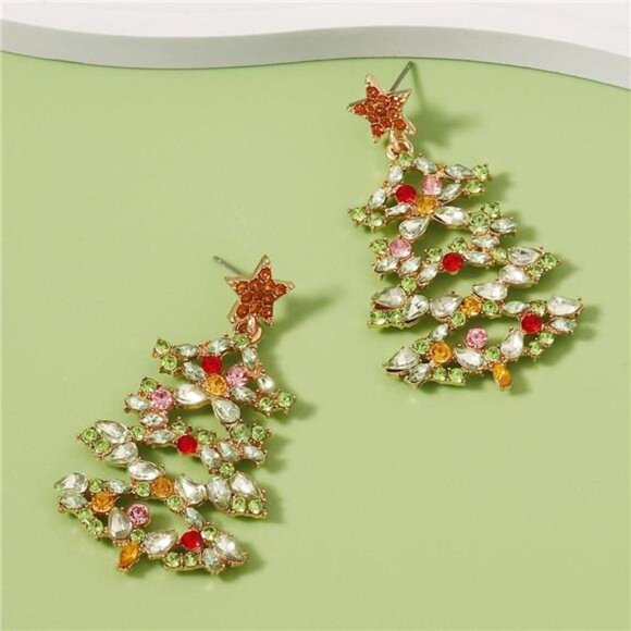 Christmas Tree Earrings with Rhinestones - Picture 3 of 8